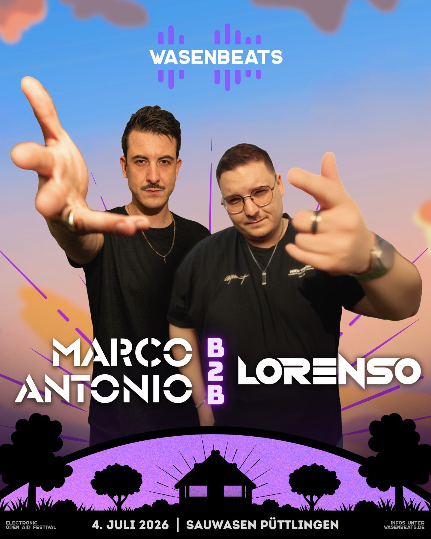 𝗟𝗜𝗡𝗘-𝗨𝗣 🚀

ACHTUNG ATZENALARM 🚨

🔥 𝗠𝗔𝗥𝗖𝗢 𝗔𝗡𝗧𝗢𝗡𝗜𝗢 𝗕𝟮𝗕 𝗟𝗢𝗥𝗘𝗡𝗦𝗢 🔥

@marcoantonio_dj hat sich als DJ mit langjähriger Erfahrung und als Kapitän der beiden Kollektive @die_waldresidenz und @noyz.germany auch überregional einen Namen gemacht, während @lorenso.mp3 als DJ in zahlreichen Clubs und Kurator der @housekueche frischen Wind in die Szene bringt. 

Nach LORENSOs Set auf dem letzten WASENBEATS begab er sich nach Süditalien, um einen ebenbürtigen Partner für die selbst gestellte Challenge zu finden: das eskalierendste und „Hände-in-die-Luft-teleportierendste“ Trance B2B zu spielen, dass das Saarland jemals gesehen hat. Zitat: „Es wird SO - und noch schlimmer“ 
Macht euch bereit für: Antonio-Lorenso 💥

@marcoantonio_dj @lorenso.mp3 🔥

🗓️ 4. Juli 2026
📍 Sauwasen, Püttlingen 
🎫 wasenbeats.de

#wasenbeats #festival #event #lineup
