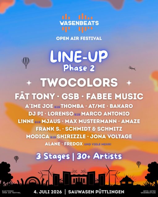 𝗟𝗶𝗻𝗲-𝗨𝗽 𝗣𝗵𝗮𝘀𝗲 𝟮 𝘀𝘁𝗮𝗿𝘁𝗲𝘁 𝗱𝘂𝗿𝗰𝗵 🚀 
Unser Line-Up wächst & die Stages füllen sich! 
𝗡𝗲𝘂 𝗱𝗮𝗯𝗲𝗶: FÄT TONY, A´IME JOE B2B THOMBA, DJ PI, L!NNE B2B MJAUS, Max Mustermann, AMAZE, Frank S., Schmidt & Schmitz, Modica B2B Shirizzle & Alane 🚀

Auf wen freut ihr euch am meisten? Wer fehlt noch? 🔥
Wir haben noch ordentlich Platz auf dem Line-Up… 👀

🗓️ 4. Juli 2026
📍 Sauwasen, Püttlingen 
🎫 wasenbeats.de

#wasenbeats #festival #event #lineup