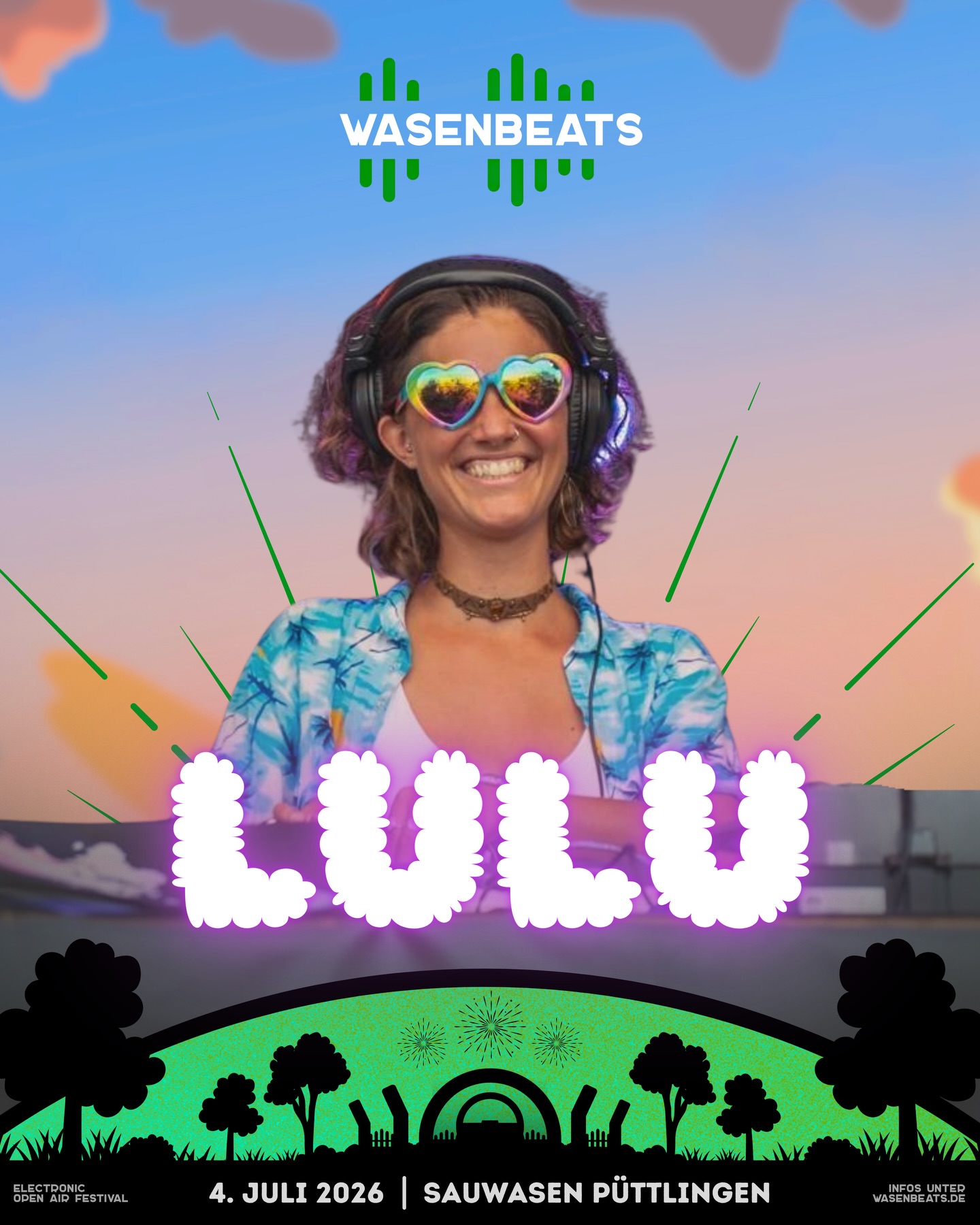 𝗟𝗜𝗡𝗘-𝗨𝗣 🚀

Wir bringen euch erneut zum abzappeln 👯‍♀️

💥 𝗟𝗨𝗟𝗨💥

Abzappelmusik ist kein Genre, sondern ein Zustand.
Ein wilder, bunter Mix aus Techhouse, Elektro und bouncy Beats, der sich zwischen 120 und 160 BPM entfaltet – mal treibend, mal verspielt.

LULU überrascht euch mit Abzappelmusik & PustePiano 🥳
Freut euch auf ganz viel Energie und eine 100-prozentige Abzappelgarantie 🚀

@peacelove_lulu 🔥

🗓️ 4. Juli 2026
📍 Sauwasen, Püttlingen 
🎫 wasenbeats.de

#wasenbeats #festival #event #lineup