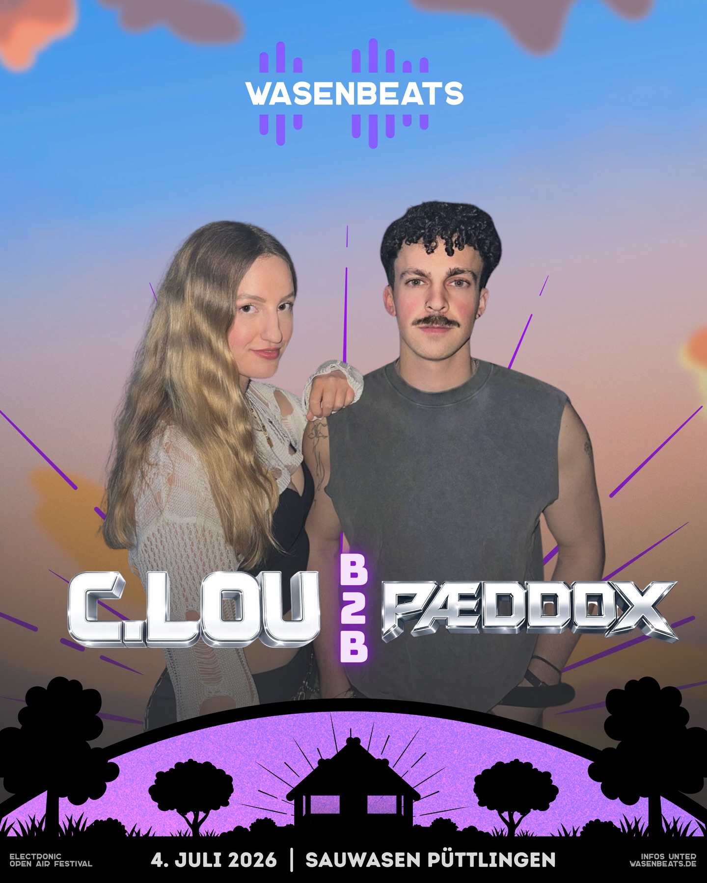 𝗟𝗜𝗡𝗘-𝗨𝗣 🚀

Ready für bouncy Vibes & harte Beats? 🔥

💥 𝗖.𝗟𝗼𝘂 𝗕𝟮𝗕 𝗣Æ𝗗𝗗𝗢𝗫 💥

Bouncy Hardtechno trifft auf kompromisslose Härte. C.Lou und PÆDDOX liefern euch Beats, die den Dancefloor richtig zum Beben bringen.

C.Lou spielt bouncy bis harte Kicks, die Tension & gute Stimmung aufbauen.
PÆDDOX bringt besonders harte Beats & Kicks ins Spiel – mit maximalem Druck zum Abgehen.

Freut euch auf ein B2B mit viel Abwechslung, von bouncy Vibes bis hin zu richtig harten Tracks, die ordentlich schallern.

@clou.wav 🔥
@paeddox 🔥

🗓️ 4. Juli 2026
📍 Sauwasen, Püttlingen 
🎫 wasenbeats.de

#wasenbeats #festival #event #lineup